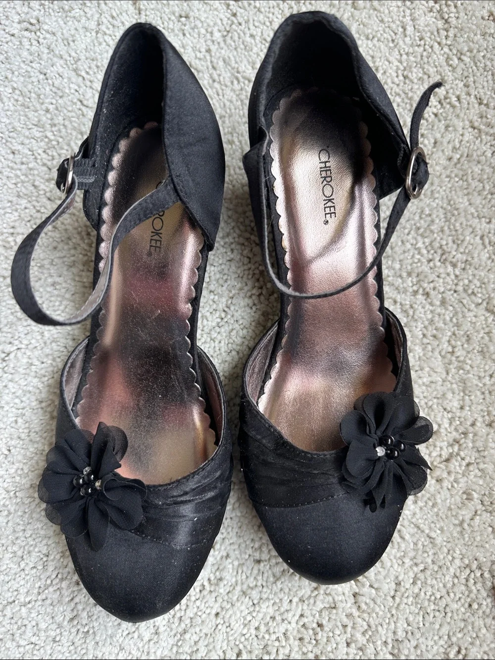 Vintage Cherokee Girls Youth Black Satin Dress Heels Floral Mary Jane Shoes 5